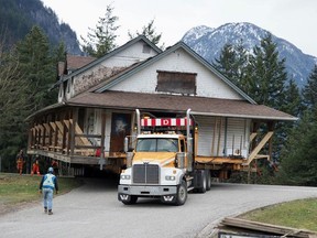 The move of the old Hope train station. A new foundation will be poured and the station will then be lowered onto it. Barry Stewart photo.