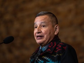 Indigenous leaders in British Columbia say opposition political leaders derailed a plan that would have cleared the way for shared decision-making between the province and First Nations about the use of public land in their territories. Grand Chief Stewart Phillip, president of the Union of B.C. Indian Chiefs, says they are "disgusted" that the leaders of BC United and the B.C. Conservatives "leveraged" the province's plan "as a shameless opportunity for partisan political gain." Phillip speaks during a news conference in Vancouver, on Thursday, Nov. 2, 2023.