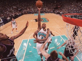 Vancouver Grizzlies Shareef Abdur -Rahim goes up to score two points during NBA action againist the Utah Jazz at GM Place in 1999.