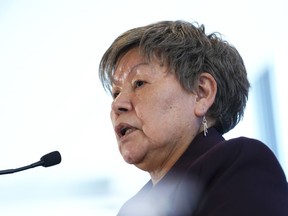 Modern Treaty partner Eva Clayton, president, Nisga'a Nation, speaks during an announcement in Ottawa, Tuesday, Feb. 28, 2023. The Nisga'a Lisims Government says it began an out-of-court dispute resolution process in 2019 and has reached agreements regarding the interpretation and application of its treaty.
