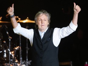 Paul McCartney performs as he headlines the Pyramid Stage during day four of Glastonbury Festival at Worthy Farm, Pilton on June 25, 2022 in Glastonbury, England.