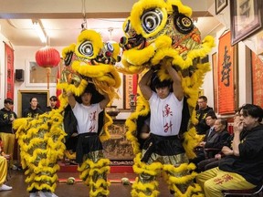 Two new lions are blessed and given life during a lion eye-dotting ceremony at the Hon Hsing Athletic Club in Vancouver on Jan. 27, 2024. The lions will be used for upcoming lunar new years parade in Chinatown, which is celebrating its 50th anniversary this year.