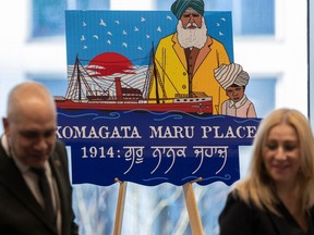 The new honorary street name of Canada Place was unveiled at a ceremony in Vancouver, Friday, Feb. 9, 2024. The honorary naming and new signage represents a gesture of cultural redress for Vancouver's role in the 1914 Komagata Maru incident.