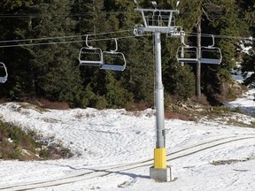 Dirt shows on part of a run near a chairlift at Mount Seymour, conditions that have discouraged many skiers this season. Experts say that climate change will likely mean more bad ski years are ahead for many parts of B.C.