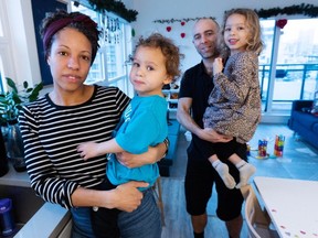 Brittany Hopkins, her husband, Mike Fogel, and their children, Naomi, 5, and two-year-old Felix at their home in Vancouver.