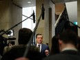 Conservative Leader Pierre Poilievre talks to media at a party caucus meeting on Parliament Hill in Ottawa on Wednesday, Feb.7, 2024.