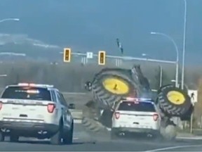 B.C. Highway Patrol members encountered a person driving a tractor on Highway 1 in Surrey at approximately 12:35 p.m. on Nov. 25, 2023.