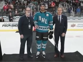 Abbotsford Canucks forward Arshdeep Bains is named the MVP of the 2024 AHL All-Star game in San Jose on Monday, February 5, 2024. (AHLTV)