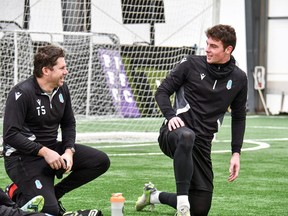 New Pacific FC goalkeeping coach Trevor Stiles (left) is shown with Pacific goalkeeper Emil Gazdov in Langford, B.C. in a handout photo.