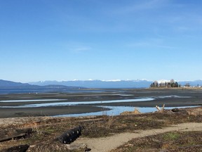 The view across the Salish Sea toward the Coastal Mountains from the boardwalk in Parksville.