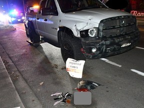 West Shore RCMP are investigating after an F350 pickup truck crashed into a road sign in View Royal on March 21, 2024.