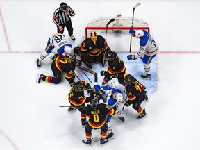 Goaltender Casey DeSmith is the centre of attention with All-Star starter Thatcher Demko out of the lineup