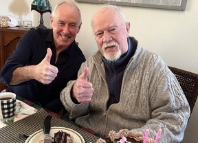 In image posted to X on March 10, 2024 by Ron MacLean, left, with Don Cherry.