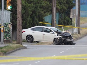 This white Nissan Altima crashed into a Toyota Yaris at the intersection of 10th Avenue and 6th Street in New Westminster on the night of July 27, 2022, killing two young men in the Yaris. The Nissan had been the subject of a failed traffic stop a short time earlier by Metro Vancouver Transit Police.