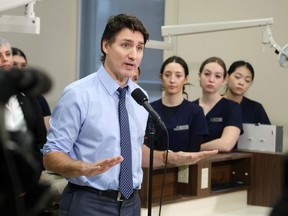 Prime Minister Justin Trudeau speaks at the Southern Alberta Institute of Technology in Calgary on March 13, 2024.