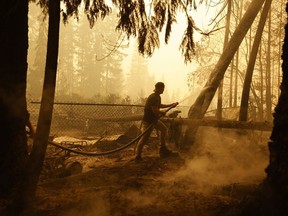 A resident sprays water on hot spots near a house during a wildfire in Celista, B.C., on Saturday, Aug. 19, 2023.