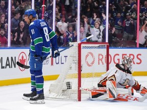 Vancouver Canucks' Dakota Joshua (81) celebrates his second goal against Anaheim Ducks goalie Lukas Dostal (1) during the third period at Rogers Arena on Sunday afternoon.