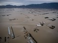 File photo of the Fraser Valley in November 2021. Flooded farmland is seen in an aerial view from a Canadian Forces reconnaissance flight in Abbotsford, B.C.