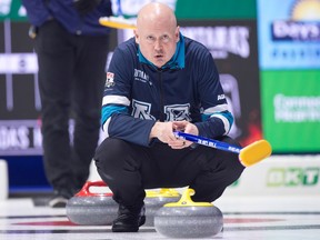 Team Alberta-Koe skip Kevin Koe during draw 11 against team Nova Scotia.Curling Canada/ Michael Burns Photo