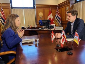 Finance Minister and Deputy Prime Minister Chrystia Freeland meets with B.C. Premier David Eby at the legislature in Victoria on Monday, March 11, 2024.