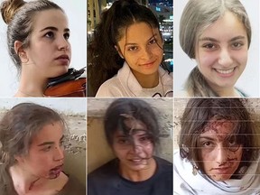 Top row from left: Israelis Agam Berger, Daniela Gilboa and Karina Ariev earlier. Bottom row: the same three now in captivity.