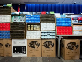 Two pallets of tobacco products are put on display in Surrey on March 8 during an RCMP news conference announcing the results of the latest enforcement actions against organized crime groups involved in the trafficking of contraband tobacco.