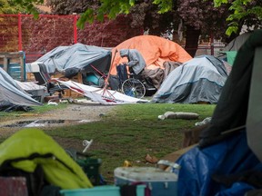 A file photo of tents at Vancouver's Strathcona Park, where Sandy Parisian was arrested in 2021 following the death of an elderly women who lived near Queen Elizabeth Park.