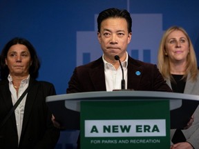 Vancouver mayor Ken Sim at a press conference at city hall on December 6, 2023.