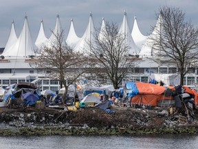 The homeless encampment at CRAB Park in downtown Vancouver as seen on Feb. 22, 2024.