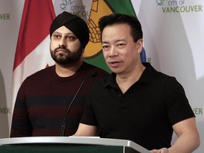 Vancouver Mayor Ken Sim (right) and park board commissioner Jas Virdi at an announcement on Monday.