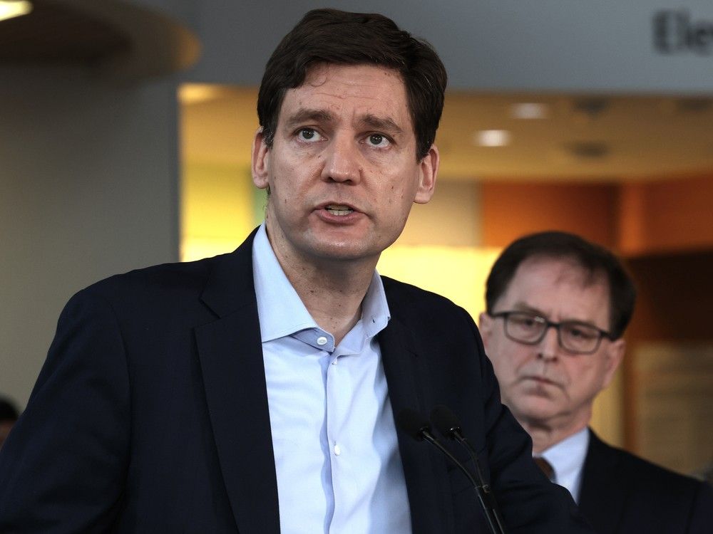 B.C. Premier David Eby and Health Minister Adrian Dix during a healthcare announcement at Surrey Memorial Hospital  in Surrey, B.C., on March 11, 2024.