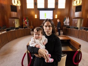Vancouver park commissioner Laura Christensen with four-month-old Madeleine at City Hall in Vancouver, B.C., March 12, 2024.
