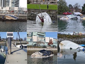 Photos of abandoned boats that have either sank or run aground in the False Creek inlet between 2021 and 2023.