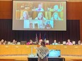A member of Free Palestine Tri-Cities speaking before Port Moody council on Feb. 27. freepalestinetricitiesbc Instagram photo.