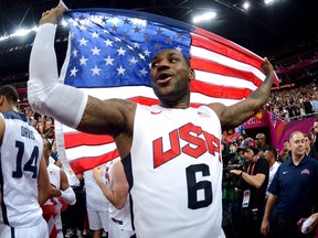 LeBron James of the United States celebrates winning the Men's Basketball gold medal game at the London 2012 Olympics Games.
