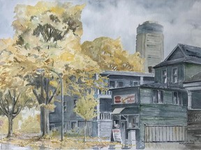 Vancouver's Sheraton Landmark Hotel, captured in this 2000 watercolour, has been demolished and replaced by luxury condominiums. The grocery store has been reworked as the Cardero Café. (Image is on the front cover of Michael Kluckner's new book, Surviving Vancouver.)