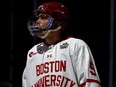 Tom Willander of the Boston University Terriers looks on prior to the start of the game against the Denver Pioneers during the NCAA Men's Hockey Frozen Four semifinal at Xcel Energy Center on April 11, 2024 in St Paul, Minnesota.