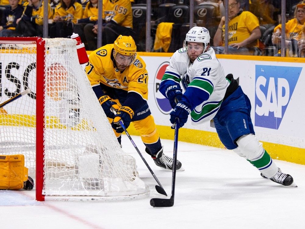 Nils Hoglander  stretches to shoot the puck against the Nashville Predators during first round of the 2024 Stanley Cup Playoffs.Hoglander has one assist and just four shots through eight playoffs games. He's usually playing on a line with Elias Pettersson and Ilya Mikheyev.