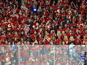 A sea of red Flames fans, with a few dotted Canucks jerseys ... and Waldo.