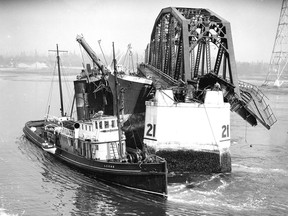 The ship Pacific Gatherer after its collision with the Second Narrows Bridge on Sept. 19, 1930. This photograph ran on the front page of The Vancouver Sun. The tug Lorne is in attendance.