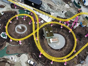 The Thundervolt is pictured under construction at PNE Playland on April 12, 2024. The ride, Canada's fastest electric roller coaster, is due to open this July.