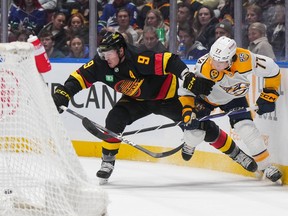 J.T. Miller, left, and Luke Evangelista could be seeing each again soon with the Canucks and Predators likely playoff opponents.