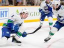 Canuck Brock Boeser celebrates his second goal, a game-tying effort in the dying seconds of regulation in Game 4 of the playoff series against the Predators on April 28 in Nashville. It paved the way for 4-3 overtime win.