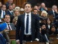 Leader of the Conservative Party Pierre Poilievre rises in response to the Speaker asking him to withdraw language during Question Period, Tuesday, April 30, 2024 in Ottawa.