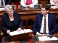 Finance Minister Katrine Conroy introduces the budget as Premier David Eby looks on from the legislative assembly at the legislature in Victoria on Feb. 22, 2024.