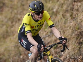 Denmark's Jonas Vingegaard pedals on his way to win the fifth stage of the Tirreno Adriatico cycling race, from Torricella Sicura to Valle Castellana, Italy, Friday, March 8, 2024. Two-time defending Tour de France champion Jonas Vingegaard remained hospitalized in Spain a day after he broke his collarbone and several ribs in a bad crash with other top riders during the Tour of Basque Country.