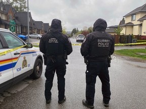 Surrey Police and Surrey RCMP at the scene of a shooting near Bear Creek Park, in the 8100-block of 144A Street in Surrey, on May 5, 2023.