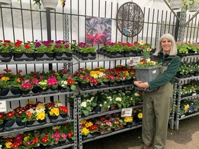 Laura Doheny, store manager at Hunter Garden Centre in Vancouver, shows off early spring flowers on March 11, 2024.
