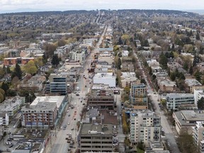 West Broadway looking west from tower that is under construction at Broadway and Granville in Vancouver.