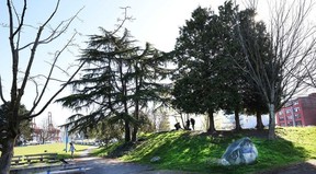 Park Rangers at CRAB Park as the city enforces bylaw compliance with only 27 people permitted to camp in the park, in Vancouver April 18, 2024.